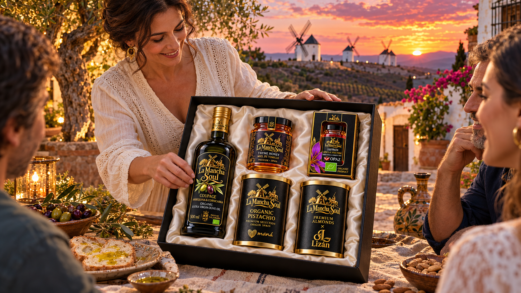 Geöffnete Box von La Mancha Soul mit Flasche, Glas, Etui und zwei Dosen